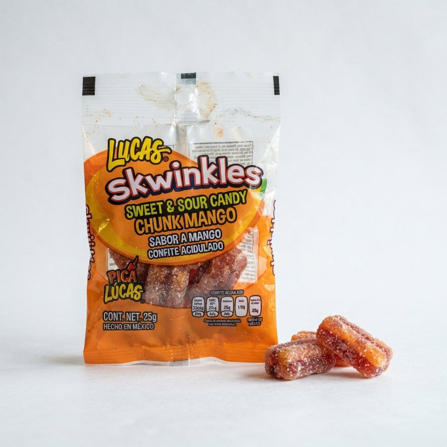Lucas Skwinkles Sweet & Sour Candy Chunk Mango — front of pack at Exotic Snaxx Chicago