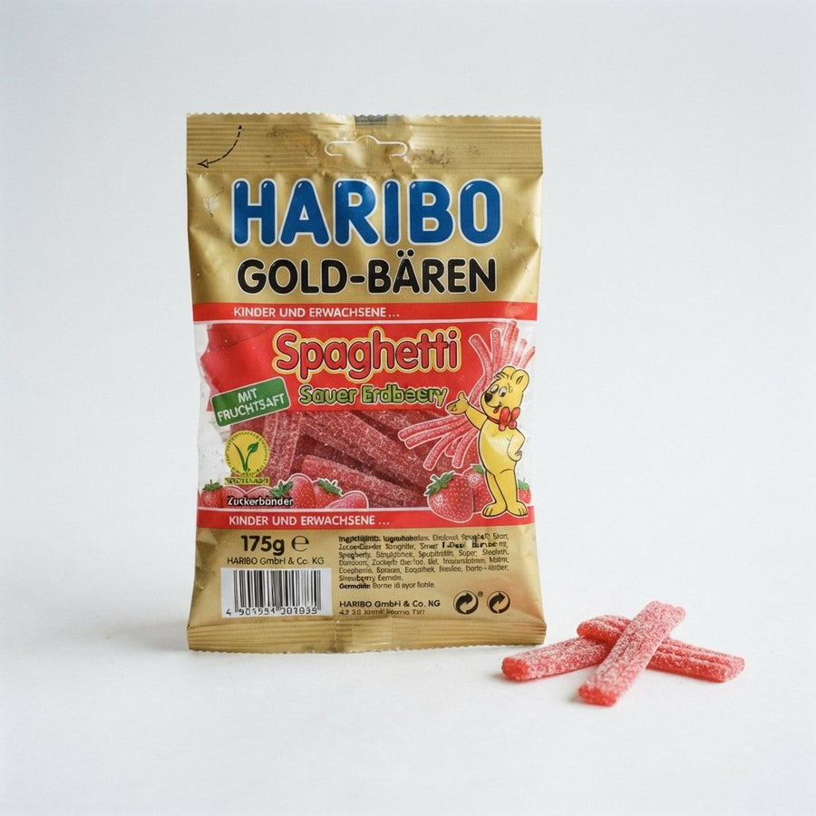 Haribo Spaghetti Sour Strawberry Germany — front of pack at Exotic Snaxx Chicago