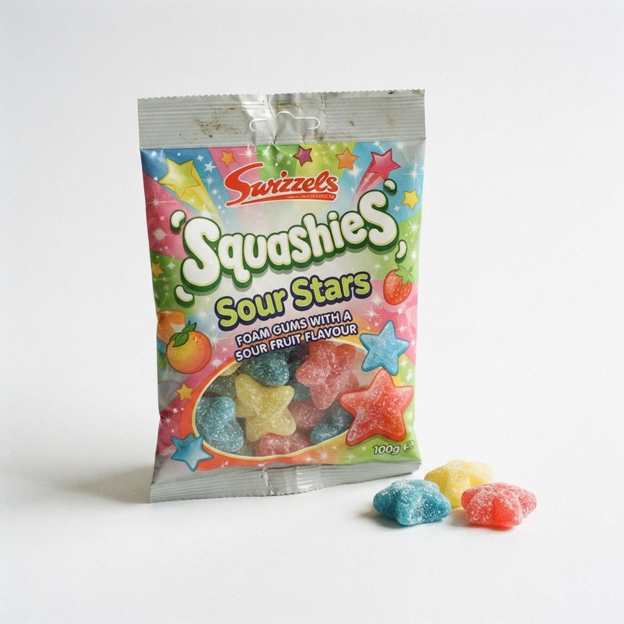 Swizzels Squashies Sour Stars 100g ( UK ) — front of pack at Exotic Snaxx Chicago