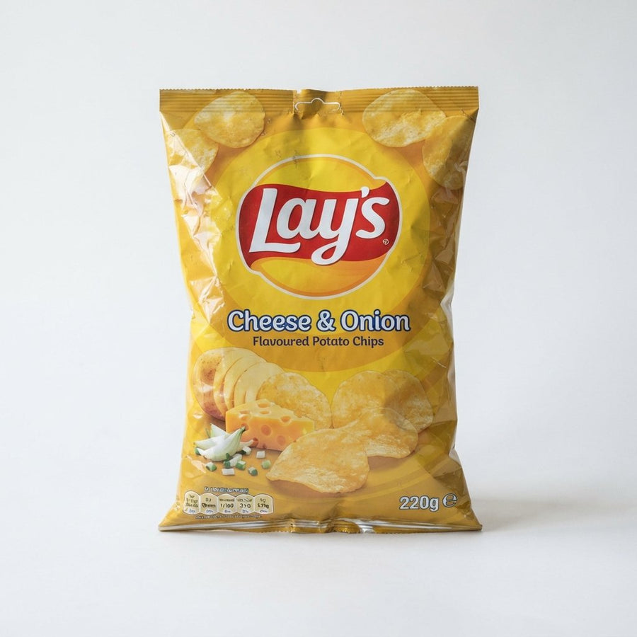 Lay's Cheese & Onion Flavoured Potato Chips. 220g — front of pack at Exotic Snaxx Chicago