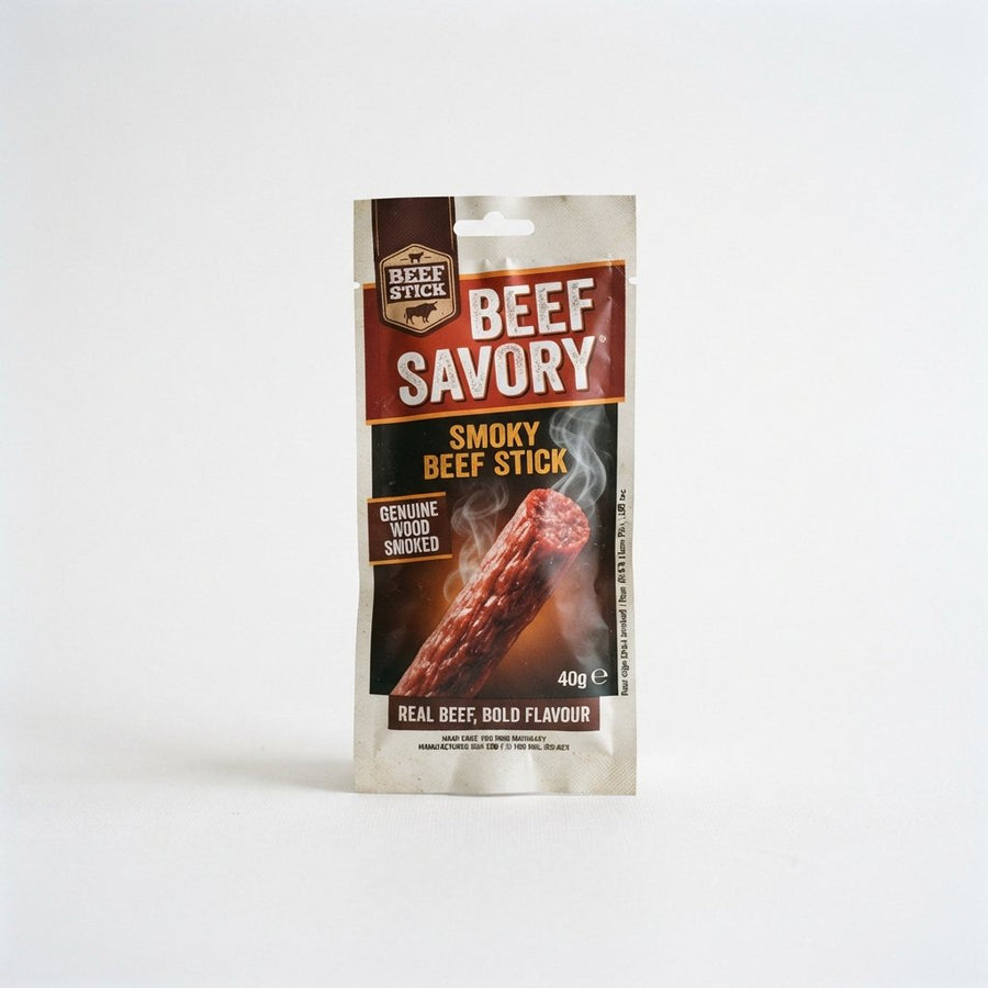 Beef Savory Smoky Beef Stick — front of pack at Exotic Snaxx Chicago