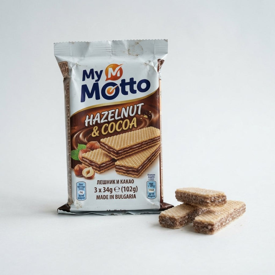 My Motto Hazelnut & Cocoa Wafers -3 x34 g Made in Bulgaria — front of pack at Exotic Snaxx Chicago