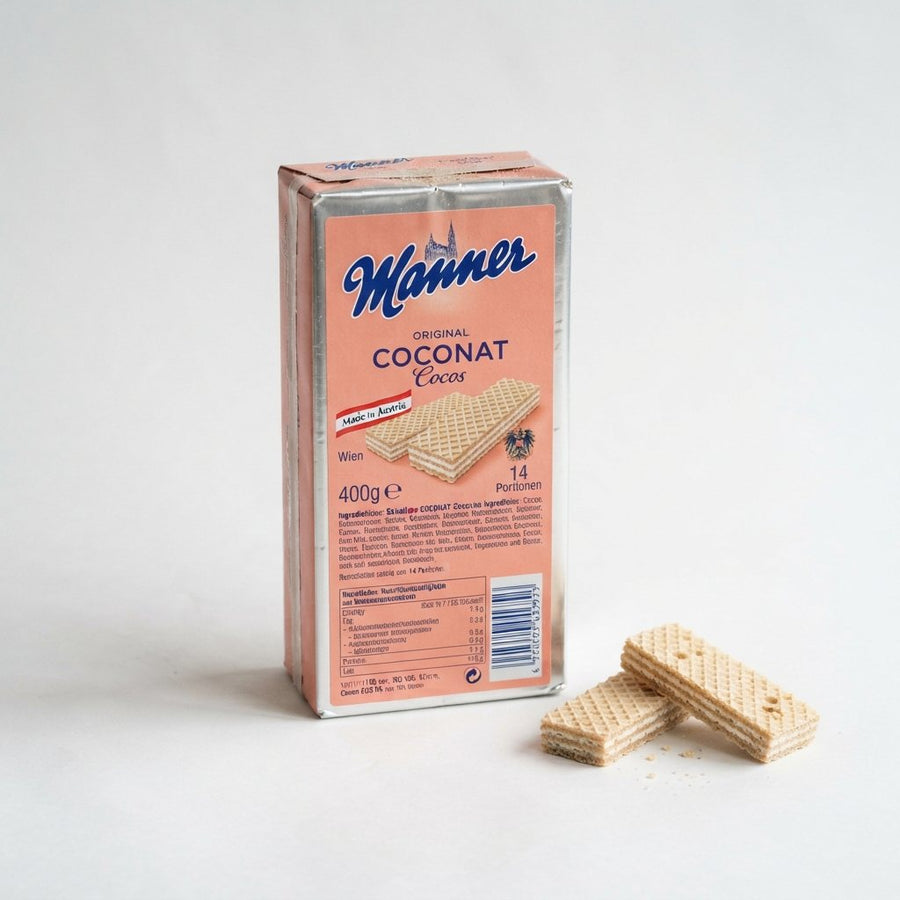 Manner Schnitten Coconat Cocos Made in Austria — front of pack at Exotic Snaxx Chicago