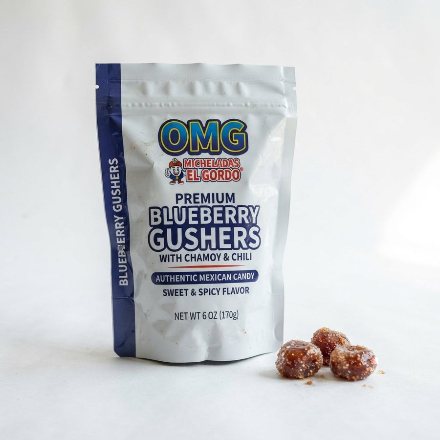OMG Blueberry Gushers Micheladas El Gordo Premium Blueberry Gushers with Chamoy and Chili 6oz Mexican Candy — front of pack at Exotic Snaxx Chicago