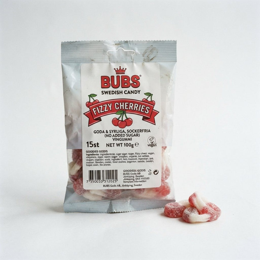 BUBS SWEDISH CANDY FIZZY CHERRIES — front of pack at Exotic Snaxx Chicago