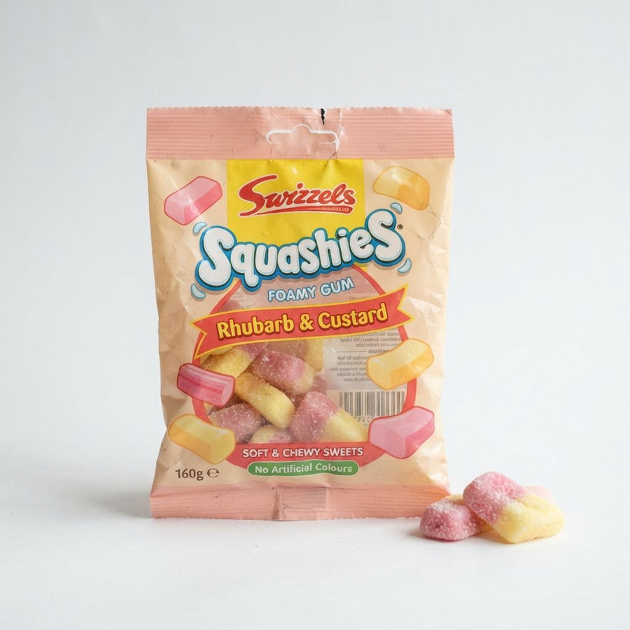 Swizzels Squashies Rhubarb & Custard ( UK) — front of pack at Exotic Snaxx Chicago