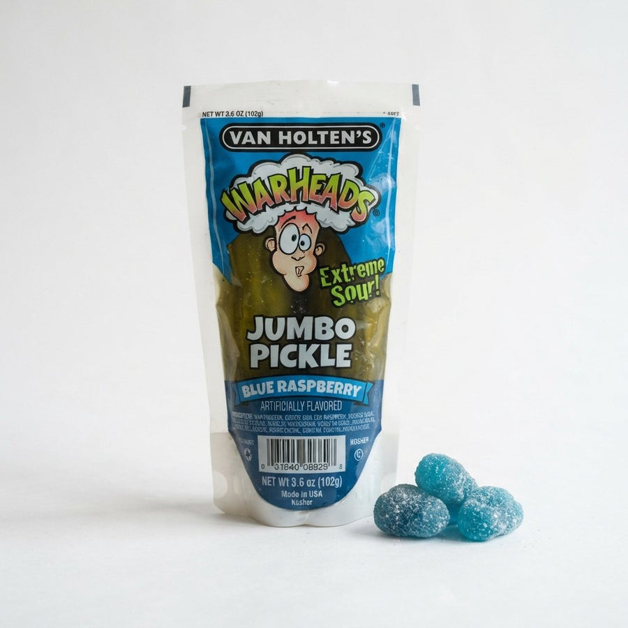 Van Holten s Warhead Extreme Sour Jumbo Pickle Blue Raspberry — front of pack at Exotic Snaxx Chicago