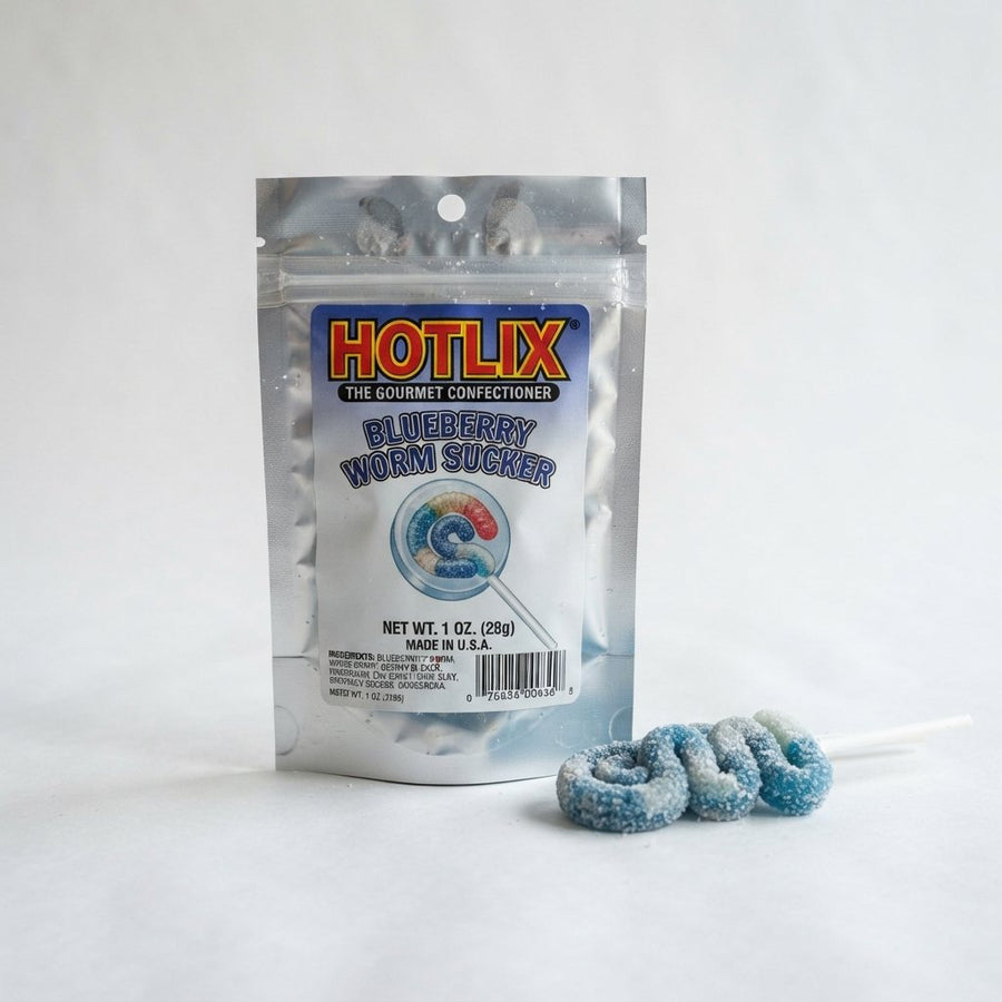 Blueberry Hotlix Worm Sucker — front of pack at Exotic Snaxx Chicago