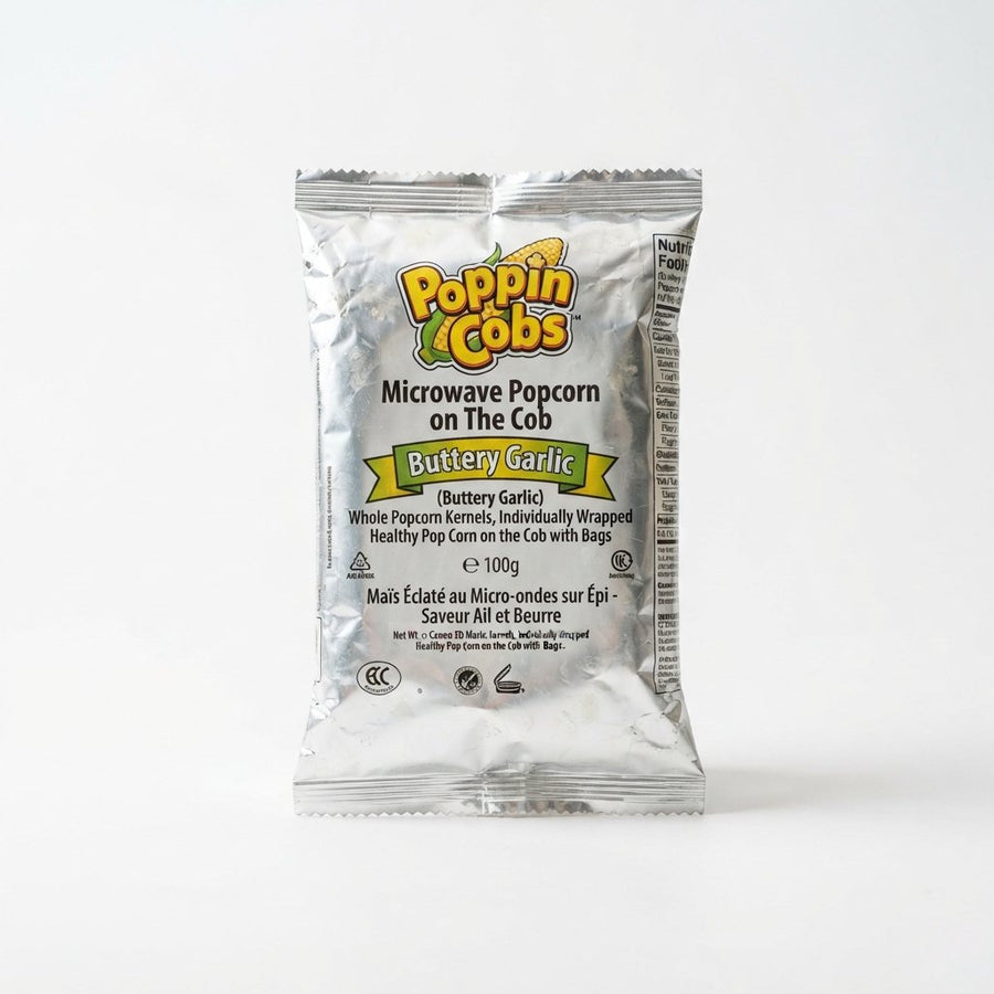 Poppin Cobs Microwave Popcorn on The Cob ((Buttery Garlic) Whole Popcorn Kernels, Individually Wrapped Healthy Pop Corn on the Cob with Bags — front of pack at Exotic Snaxx Chicago