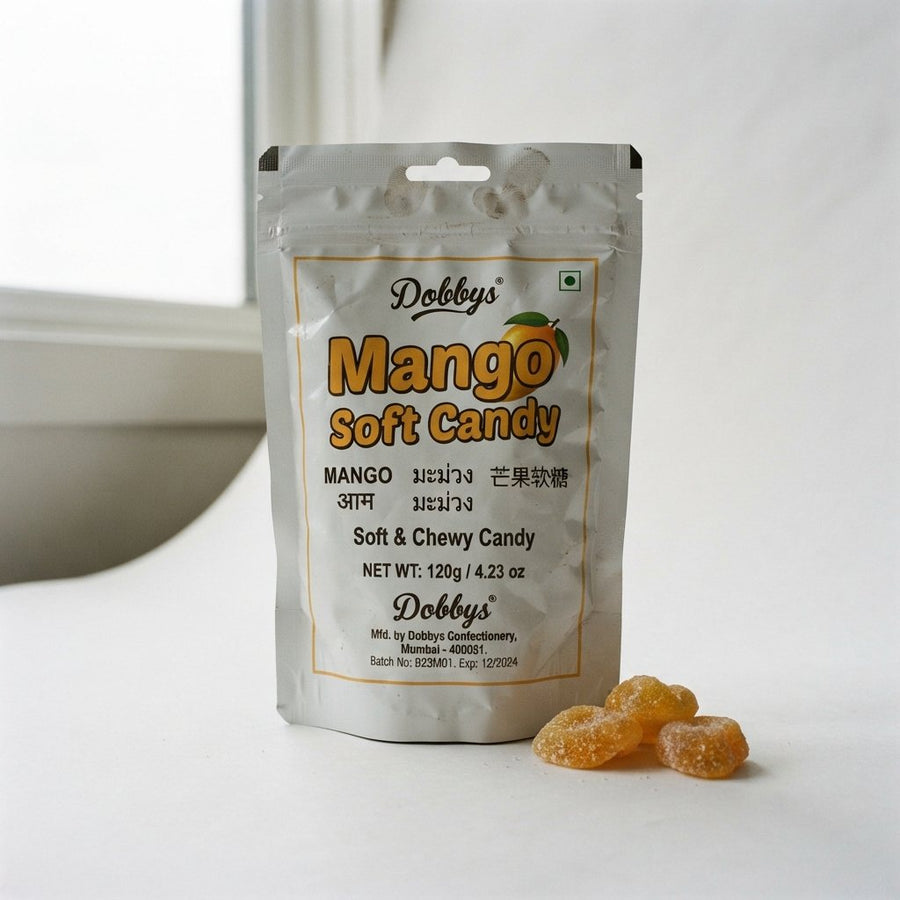 Dobbys Mango Soft Candy — front of pack at Exotic Snaxx Chicago