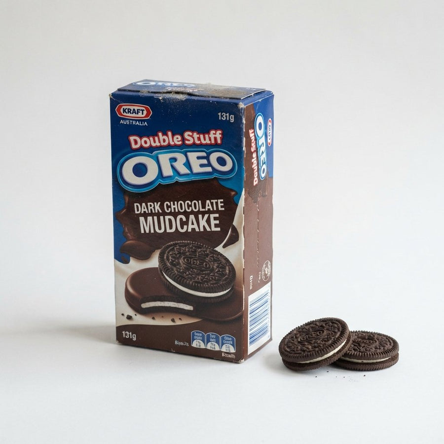 Oreo Double Stuff Dark Chocolate Mudcake Cookies Biscuits 131g(Australia) — front of pack at Exotic Snaxx Chicago