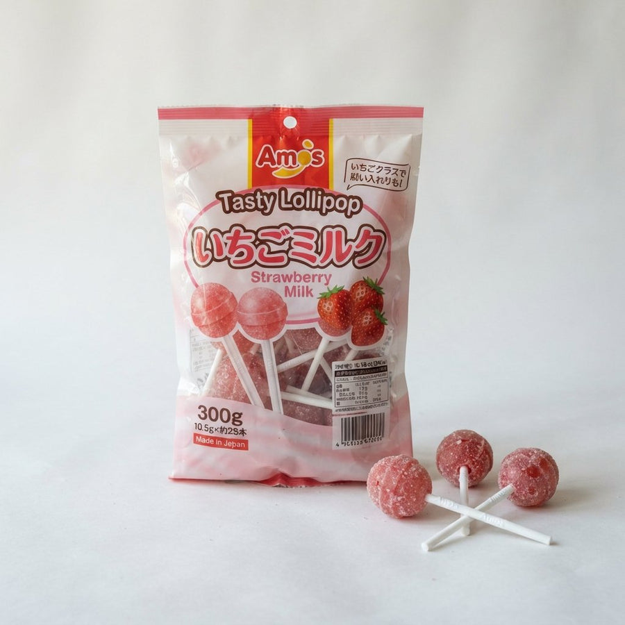 Amos Tasty Lollipop Strawberry Milk — front of pack at Exotic Snaxx Chicago