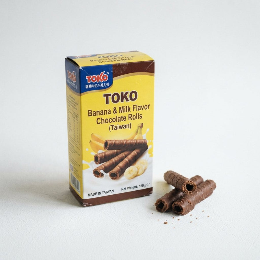 Toko Banana & Milk Flavor Chocolate Rolls (Taiwan) — front of pack at Exotic Snaxx Chicago