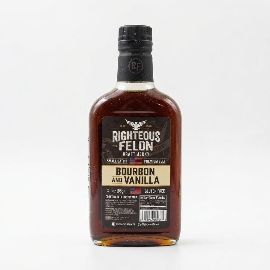Righteous Felon Craft Jerky Bourbon and Vanilla — front of pack at Exotic Snaxx Chicago