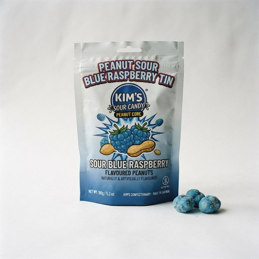 Peanut Sour Blue Raspberry Tin — front of pack at Exotic Snaxx Chicago