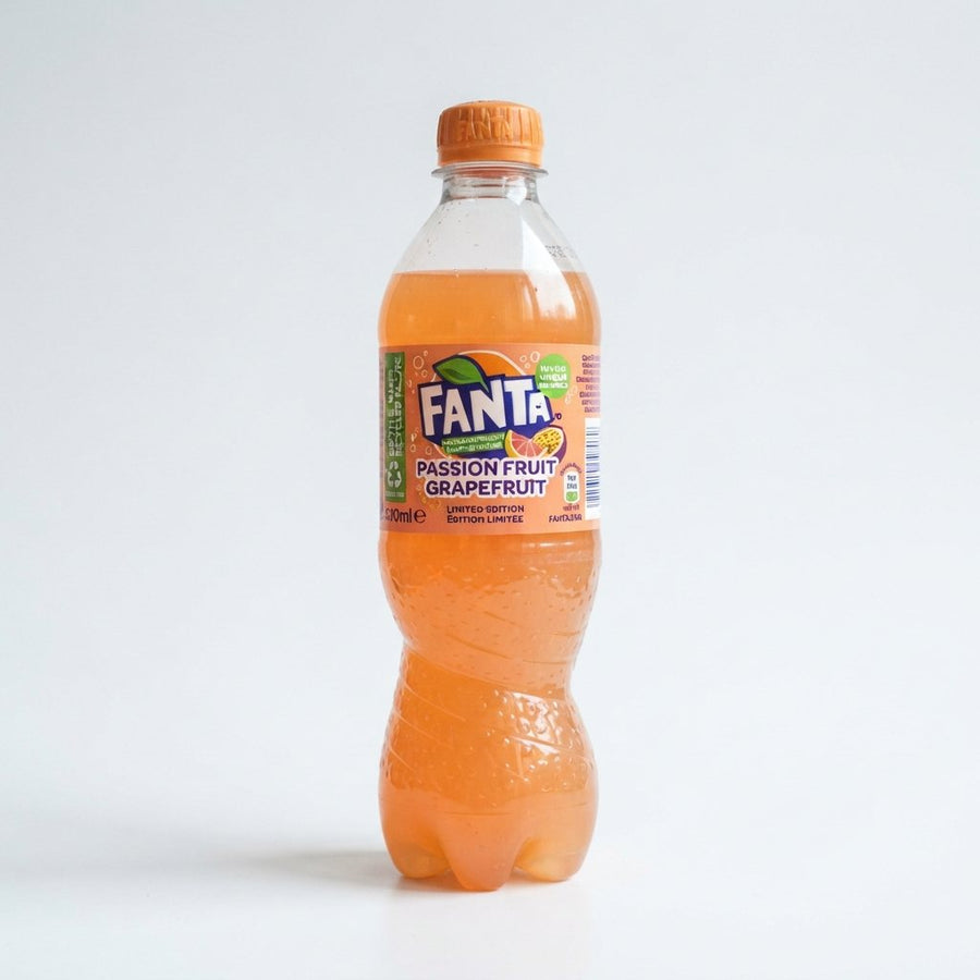 Fanta Passion Fruit Grapefruit Limited Edition — front of pack at Exotic Snaxx Chicago