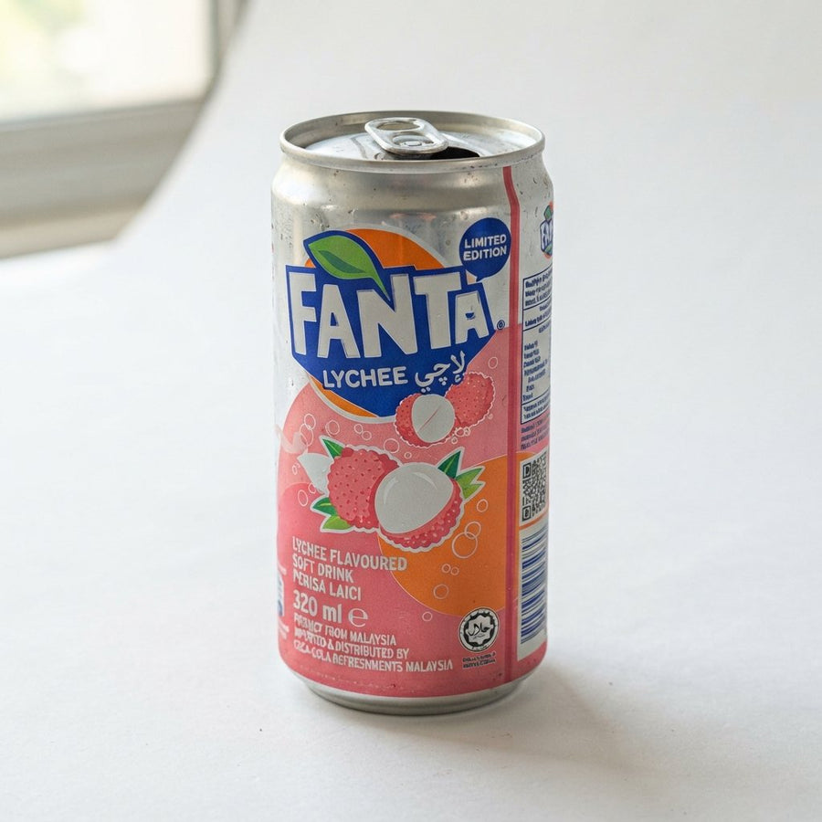 Fanta Lychee Flavored Soft Drink 320 ml Product From Malaysia LIMITED EDITION — front of pack at Exotic Snaxx Chicago