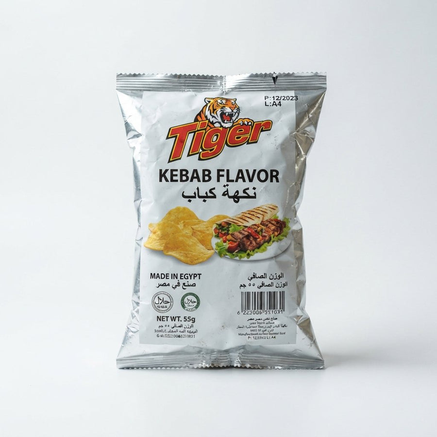 Tiger KEBAB FLAVOR MADE IN EGYPT — front of pack at Exotic Snaxx Chicago