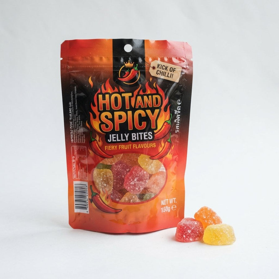 HOT AND SPICY JELLY BITES — front of pack at Exotic Snaxx Chicago