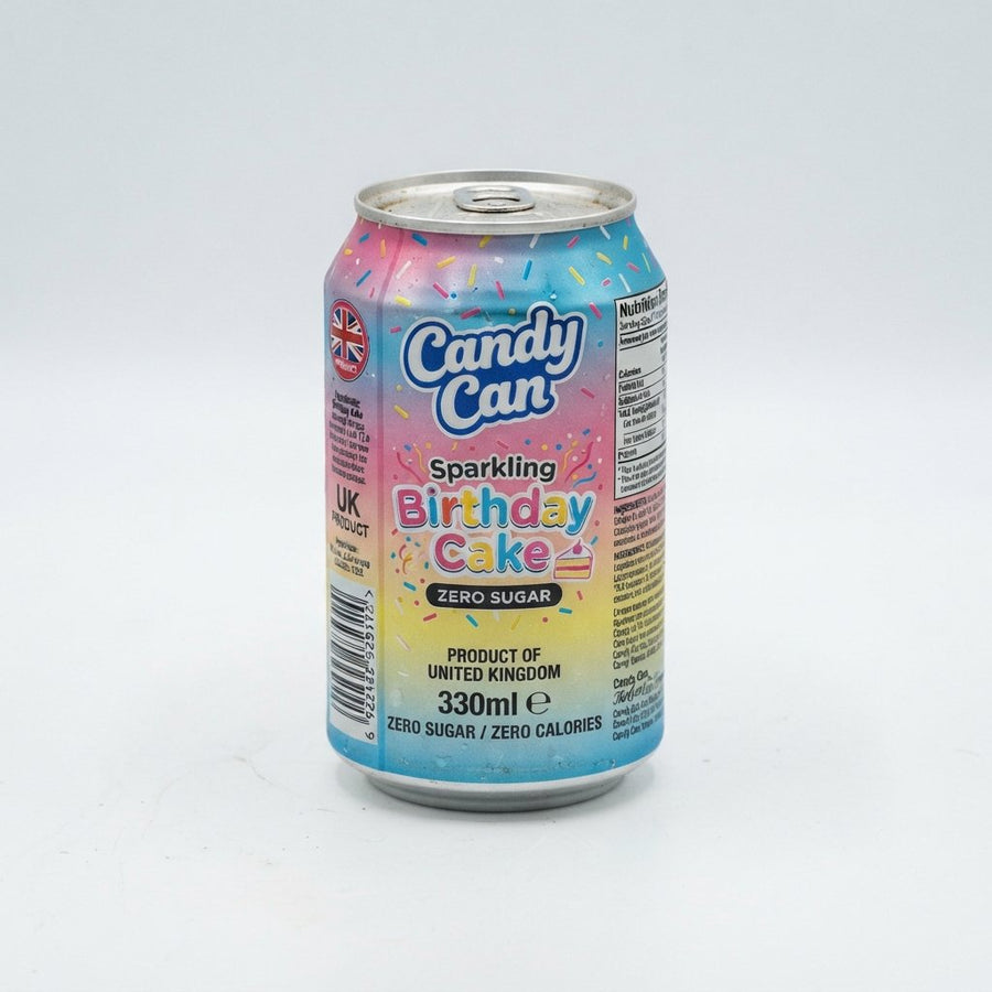 Candy Can Sparkling Birthday Cake Zero Sugar Product of United Kingdom — front of pack at Exotic Snaxx Chicago