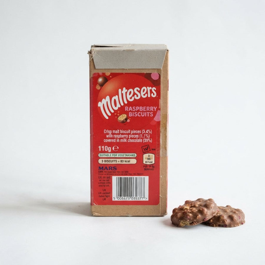 Maltesers Raspberry Biscuits 110g ( UK ) — front of pack at Exotic Snaxx Chicago