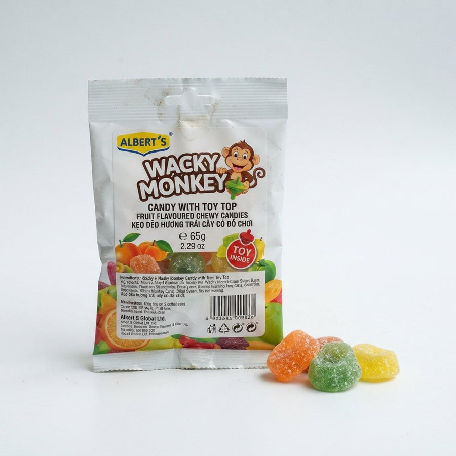 Albert S Wacky Monkey Candy with Toy Top — front of pack at Exotic Snaxx Chicago