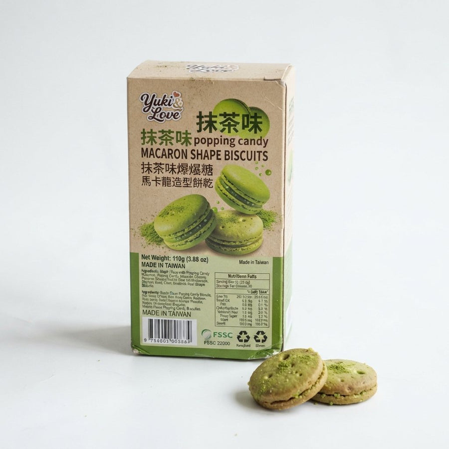 Matcha Flavor Biscuits with Popping Candy Macaron Shape — front of pack at Exotic Snaxx Chicago