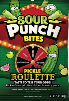 Sour Punch Bites Pickle Roulette, 5oz Peg Bag, — front of pack at Exotic Snaxx Chicago