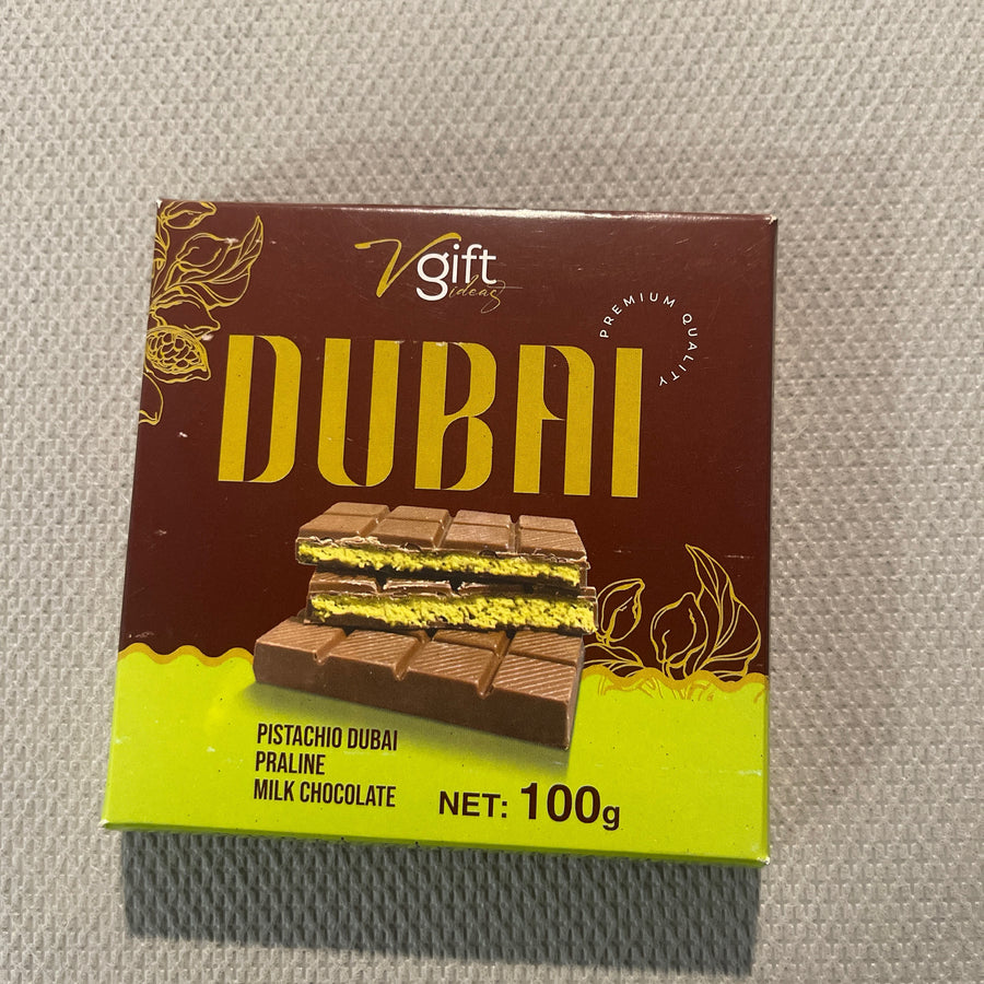 Dubai Pistachio Praline Milk Chocolate (Turkey) — front of pack at Exotic Snaxx Chicago