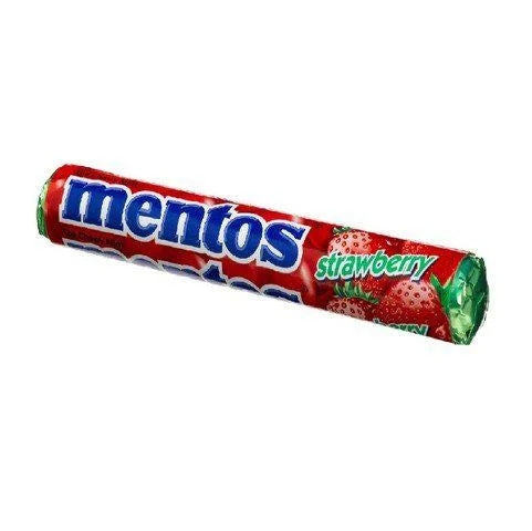 Mentos Strawberry Flavored Chewy Mint — front of pack at Exotic Snaxx Chicago