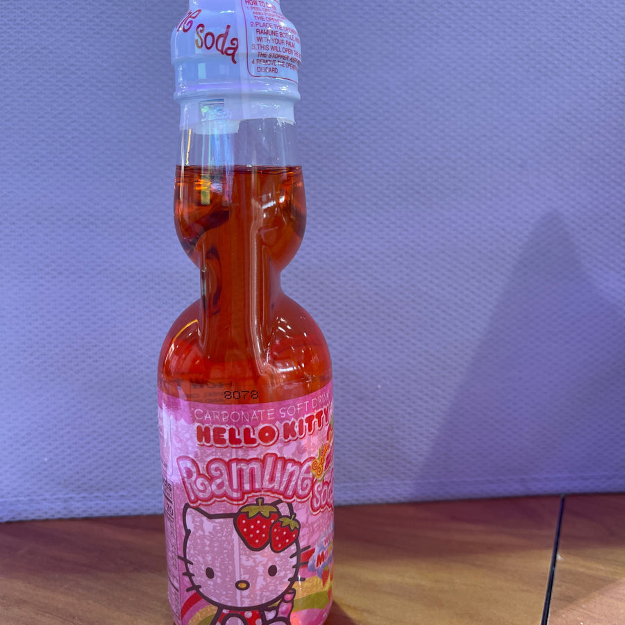 Hello Kitty Ramune Soda – Strawberry 200 mL (Product of Japan) — front of pack at Exotic Snaxx Chicago