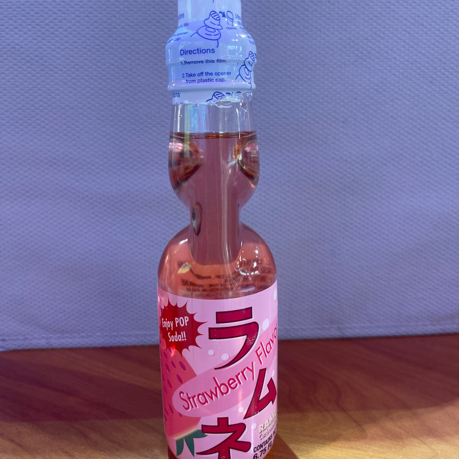 Ramune Strawberry Flavor Soda (Japan) — front of pack at Exotic Snaxx Chicago