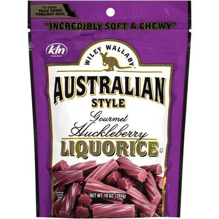 Wiley Wallaby Australian Style Gourmet Huckleberry Liquorice — front of pack at Exotic Snaxx Chicago