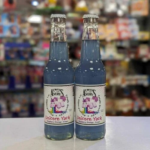 Rocket Fizz Always Ask For Averys Unicorn Yack Soda 12fl.oz — front of pack at Exotic Snaxx Chicago