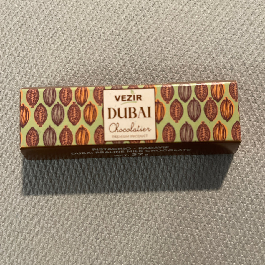 Dubai Pistachio Praline Milk Chocolate with Kadayıf (Turkey) — front of pack at Exotic Snaxx Chicago