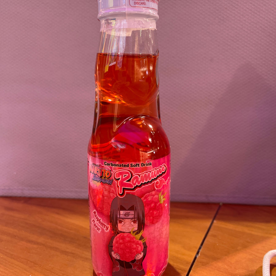 Naruto Ramune Soda – Raspberry Flavor 6.76 fl oz (200 mL) — front of pack at Exotic Snaxx Chicago