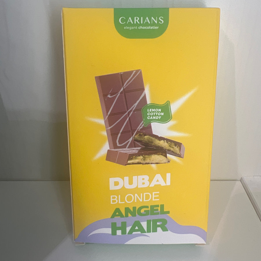Carians Viral Angel Hair Chocolate Bar - Pistachio, Kataifi, Cotton Candy & Lemon Flavor, Gourmet Milky Chocolate Gift — front of pack at Exotic Snaxx Chicago