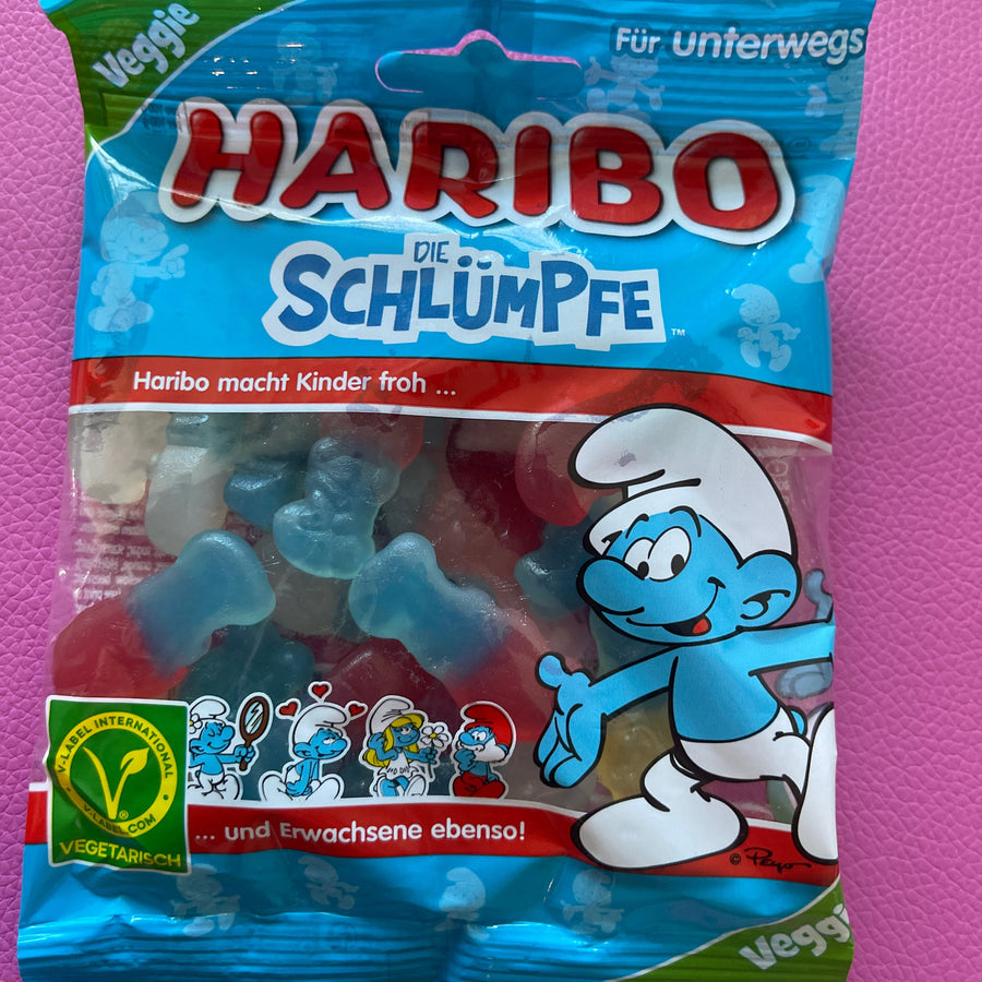 Haribo The Smurfs Fruit Flavour Gums(Germany) — front of pack at Exotic Snaxx Chicago