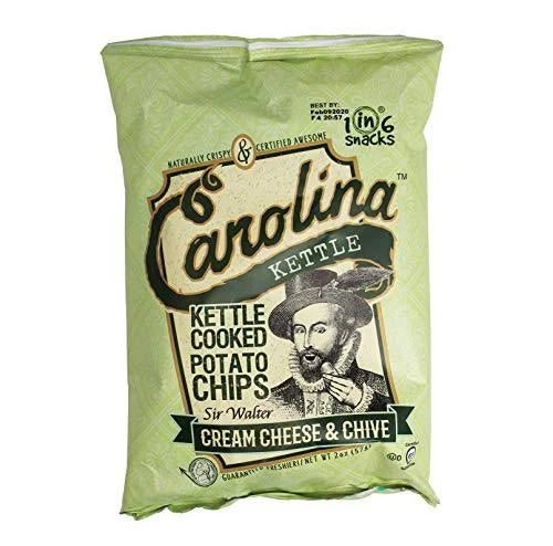Carolina Kettle Kettle Cooked Potato Chips, Sir Walter Cream Cheese & Chive, Snack Size — front of pack at Exotic Snaxx Chicago