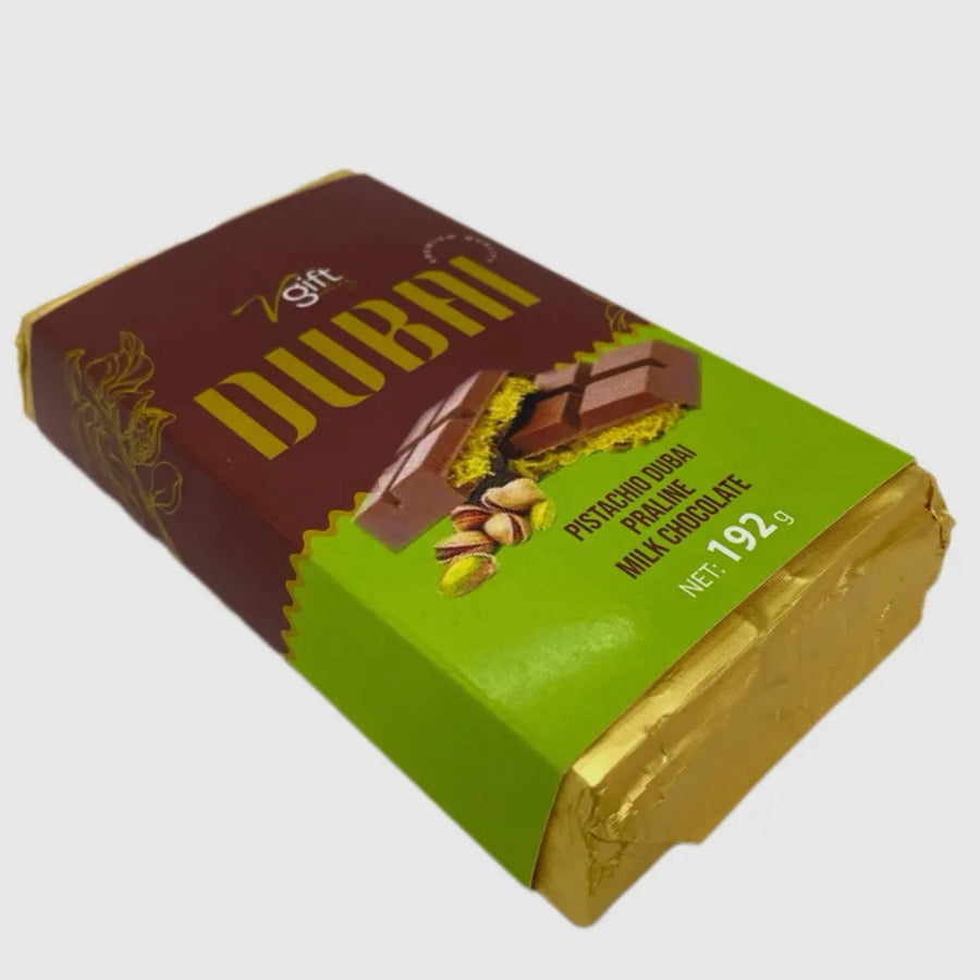VGift Ideas Dubai Pistachio Praline Milk Chocolate – 192 g (Turkey) — front of pack at Exotic Snaxx Chicago