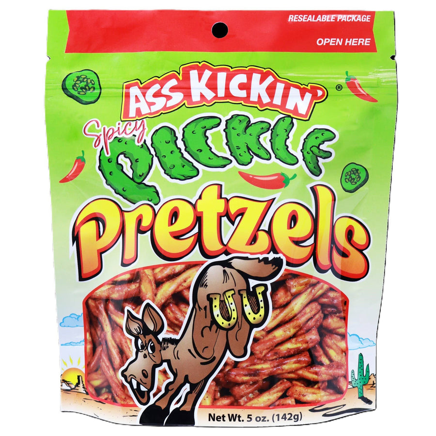 Ass Kickin' Pretzels - Spicy Pickle, 5oz, — front of pack at Exotic Snaxx Chicago