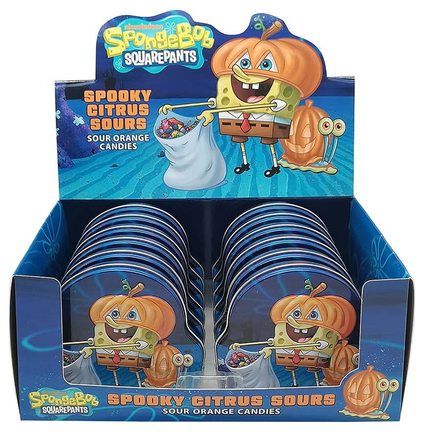 SpongeBob Spooky Citrus Sours Candy Tins — front of pack at Exotic Snaxx Chicago