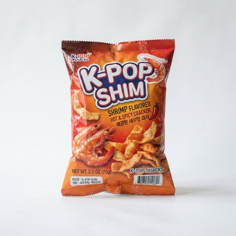 K-Pop Shim Shrimp Flavored Hot & Spicy Cracker — front of pack at Exotic Snaxx Chicago