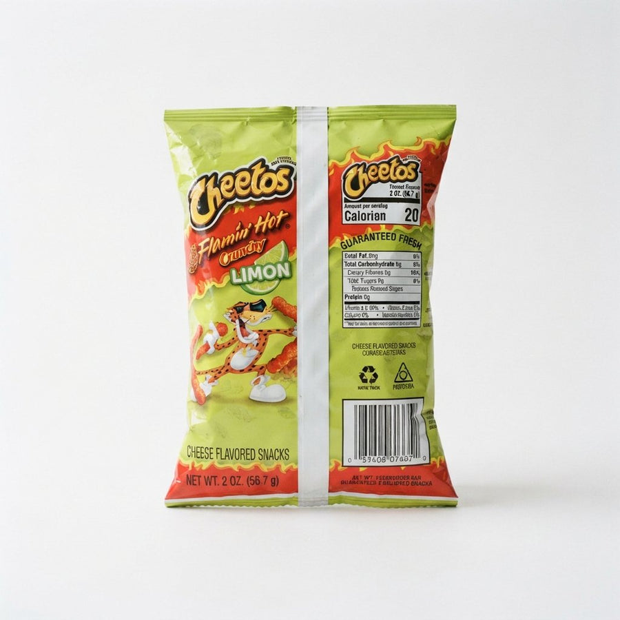 Cheetos Crunchy Flamin Hot Limon Cheese Flavored Snacks 2 ounce plastic Bag — front of pack at Exotic Snaxx Chicago