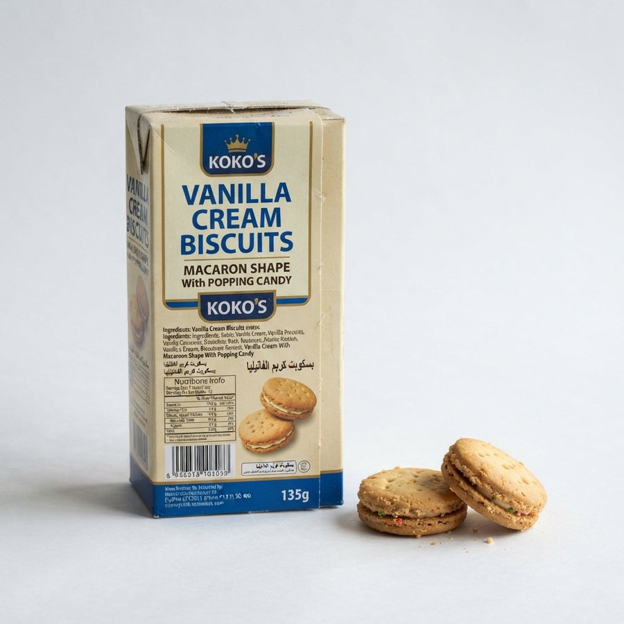 Vanilla Cream Biscuits Macaron Shape With Popping Candy — front of pack at Exotic Snaxx Chicago