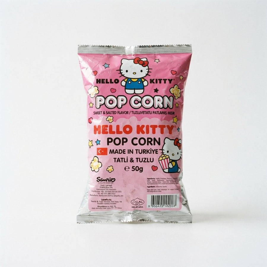 Hello Kitty Popcorn Made in Turkiye — front of pack at Exotic Snaxx Chicago