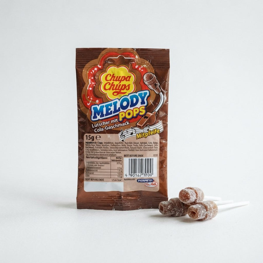 Chupa Chups Melody Pops Lutscher Mit Cola-Geschmack 15g — front of pack at Exotic Snaxx Chicago
