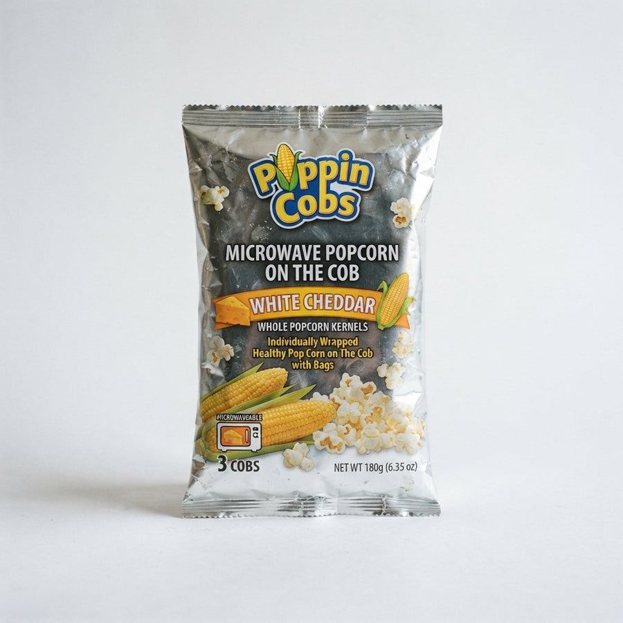 Poppin Cobs Microwave Popcorn on The Cob ) (White Cheddar) Whole Popcorn Kernels, Individually Wrapped Healthy Pop Corn on the Cob with Bags — front of pack at Exotic Snaxx Chicago