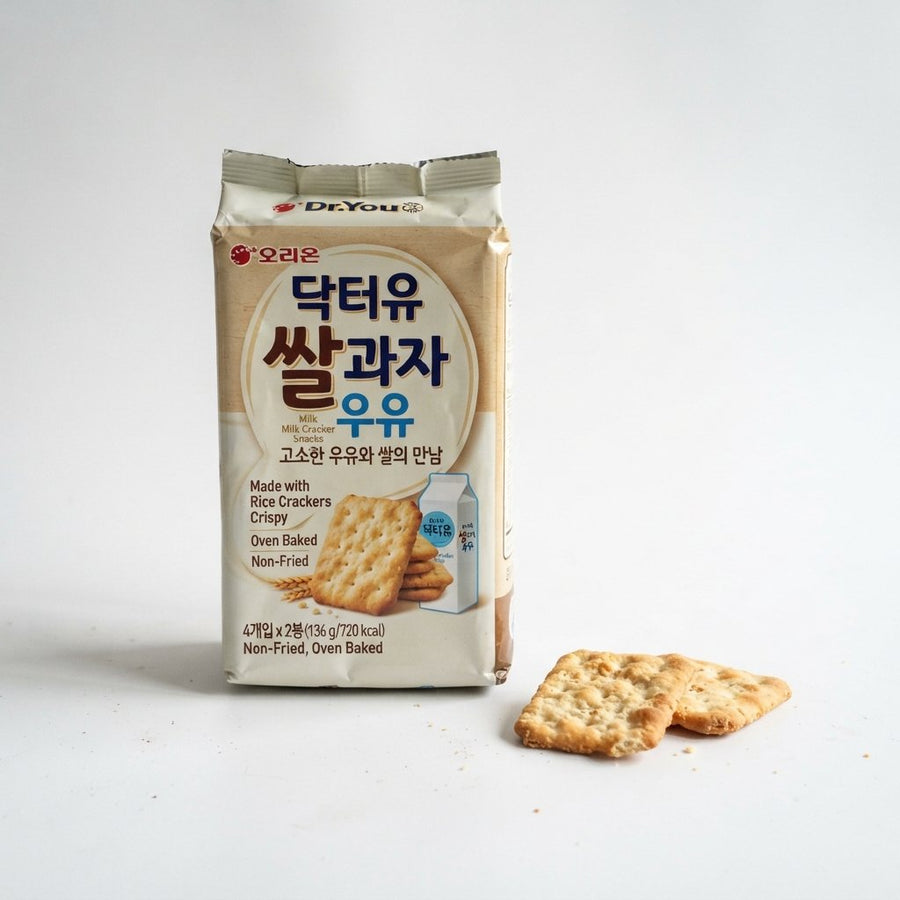 Korean Milk Cracker Snacks, Made with Rice Crackers Crispy, Oven Baked, Non-Fried — front of pack at Exotic Snaxx Chicago