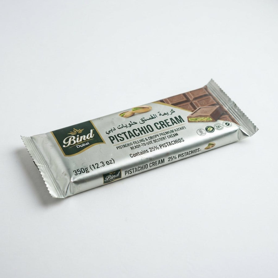 Bind Dubai Chocolate Pistachio Cream/Paste/Spread , 350g (12.3 oz) Glass Jar ,Contains 25% Pistachios,Pistachio Filling, Crispy Premium Kataifi,Ready-to-Use Dessert Cream — front of pack at Exotic Snaxx Chicago